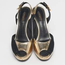 Pre Owned Louis Vuitton Size 39 Black/Gold Leather and Satin Peep Toe Pumps
