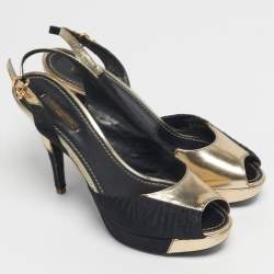 Pre Owned Louis Vuitton Size 39 Black/Gold Leather and Satin Peep Toe Pumps