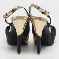Pre Owned Louis Vuitton Size 39 Black/Gold Leather and Satin Peep Toe Pumps