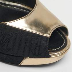 Pre Owned Louis Vuitton Size 39 Black/Gold Leather and Satin Peep Toe Pumps