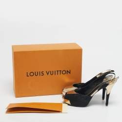 Pre Owned Louis Vuitton Size 39 Black/Gold Leather and Satin Peep Toe Pumps