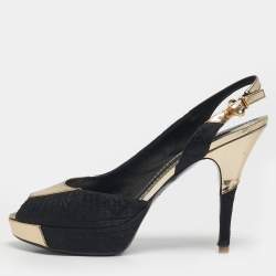 Pre Owned Louis Vuitton Size 39 Black/Gold Leather and Satin Peep Toe Pumps