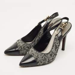 Pre Owned Louis Vuitton Size 36 Black/White Leather and Tweed Slingback Pumps