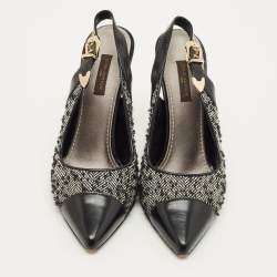Pre Owned Louis Vuitton Size 36 Black/White Leather and Tweed Slingback Pumps
