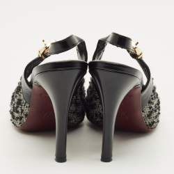 Pre Owned Louis Vuitton Size 36 Black/White Leather and Tweed Slingback Pumps