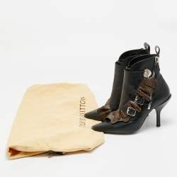 Pre Owned حذاء بوت كاحل لويس فيتون قماش مزخرف وبني وأسود وجلد مقاس 37.5