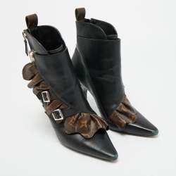 Pre Owned حذاء بوت كاحل لويس فيتون قماش مزخرف وبني وأسود وجلد مقاس 37.5