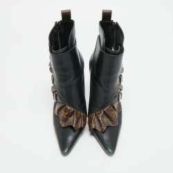 Pre Owned حذاء بوت كاحل لويس فيتون قماش مزخرف وبني وأسود وجل د مقاس 37.5