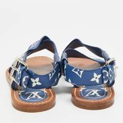 Pre Owned Louis Vuitton Size 37.5 Blue Monogram Coated Canvas Slingback 