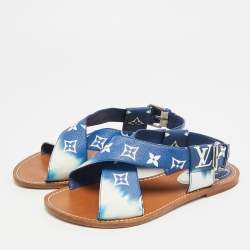 Pre Owned Louis Vuitton Size 37.5 Blue Monogram Coated Canvas Slingback 