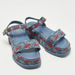 مملوكة مسبقًا صندل لوي فيتون منصة حزام حول الكاحل قماش دنيم أزرق مايا مقاس 38