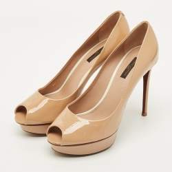 Pre Owned Louis Vuitton Eyeline Size 37.5 Beige Patent Leather Platform Peep Toe Pumps
