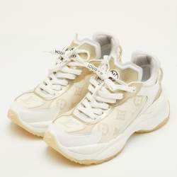 Pre Owned Louis Vuitton Run 55 Size 36 White/Gold Canvas, Rubber and Leather Trainers Sneakers