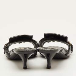 Pre Owned Louis Vuitton Size 38 Black Patent Leather Studded Fringe Buckle Detail Slide Sandals