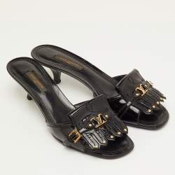 Pre Owned Louis Vuitton Size 38 Black Patent Leather Studded Fringe Buckle Detail Slide Sandals