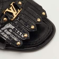 Pre Owned Louis Vuitton Size 38 Black Patent Leather Studded Fringe Buckle Detail Slide Sandals