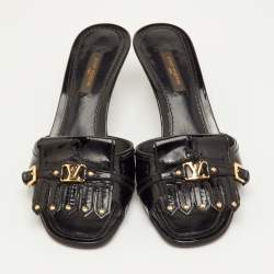 Pre Owned Louis Vuitton Size 38 Black Patent Leather Studded Fringe Buckle Detail Slide Sandals