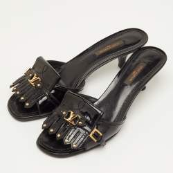 Pre Owned Louis Vuitton Size 38 Black Patent Leather Studded Fringe Buckle Detail Slide Sandals