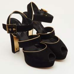 مملوكة مسبقًا صندل لوي فيتون مواني منصة مقدمة مفتوحة سويد أسود مقاس 39.5