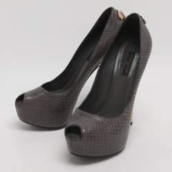 Pre Owned Louis Vuitton Oh Really! Size 37 Grey Python Leather Peep Toe Pumps