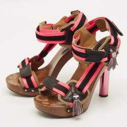 Pre Owned Louis Vuitton Size 39 Multicolor Leather and Suede Tassels Fringe Ankle Strap Sandals