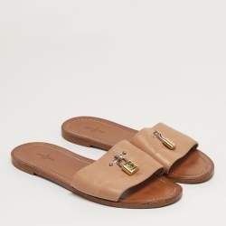 Pre Owned Louis Vuitton Lock It Size 38 Beige Leather Flat Slide