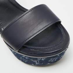 Pre Owned Louis Vuitton Waterfall Size 39.5 Navy Blue Leather and Monogram Denim Wedge Sandals