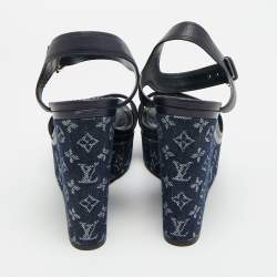 Pre Owned Louis Vuitton Waterfall Size 39.5 Navy Blue Leather and Monogram Denim Wedge Sandals