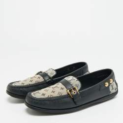 Pre Owned Louis Vuitton Size 40 Black/Beige Monogram Canvas and Leather Buckle Loafers