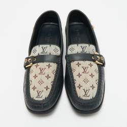 Pre Owned Louis Vuitton Size 40 Black/Beige Monogram Canvas and Leather Buckle Loafers