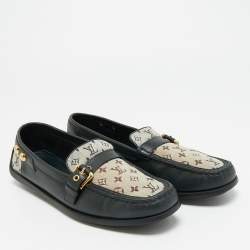 Pre Owned Louis Vuitton Size 40 Black/Beige Monogram Canvas and Leather Buckle Loafers