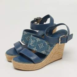 Pre Owned Louis Vuitton Starboard Size 39 Blue Denim and Leather Wedge Sandals
