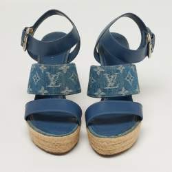 Pre Owned Louis Vuitton Starboard Size 39 Blue Denim and Leather Wedge Sandals