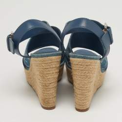 Pre Owned Louis Vuitton Starboard Size 39 Blue Denim and Leather Wedge Sandals