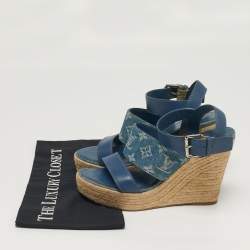 Pre Owned Louis Vuitton Starboard Size 39 Blue Denim and Leather Wedge Sandals