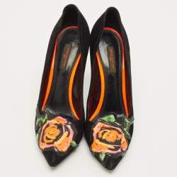 مملوكة مسبقًا حذاء كعب عالي لوي فيتون ستيفين سبروس مقدمة مدببه مزين وردة إصدار محدود سويدي أسود مقاس 37