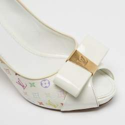 Pre Owned Louis Vuitton Bow Size 37 Multicolor Monogram Canvas and Patent Leather Peep Toe Pumps