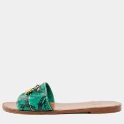 Pre Owned Louis Vuitton Lock It Size 38 Green/Black Python Leather Dubai Exclusive Flat Slide Sandals