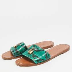 Pre Owned Louis Vuitton Lock It Size 38 Green/Black Python Leather Dubai Exclusive Flat Slide Sandals