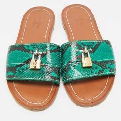 Pre Owned Louis Vuitton Lock It Size 38 Green/Black Python Leather Dubai Exclusive Flat Slide Sandals