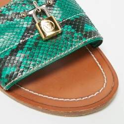 Pre Owned Louis Vuitton Lock It Size 38 Green/Black Python Leather Dubai Exclusive Flat Slide Sandals