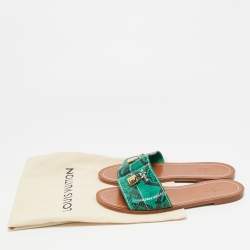 Pre Owned Louis Vuitton Lock It Size 38 Green/Black Python Leather Dubai Exclusive Flat Slide Sandals