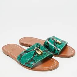 Pre Owned Louis Vuitton Lock It Size 38 Green/Black Python Leather Dubai Exclusive Flat Slide Sandals