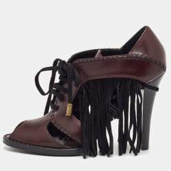 مملوكة مسبقًا Louis Vuitton Size 37.5 Brown/Black Leather and Suede Fringe Lace Up Peep Toe Sandals