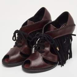 مملوكة مسبقًا Louis Vuitton Size 37.5 Brown/Black Leather and Suede Fringe Lace Up Peep Toe Sandals