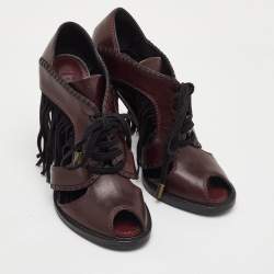 مملوكة مسبقًا Louis Vuitton Size 37.5 Brown/Black Leather and Suede Fringe Lace Up Peep Toe Sandals