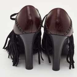 مملوكة مسبقًا Louis Vuitton Size 37.5 Brown/Black Leather and Suede Fringe Lace Up Peep Toe Sandals