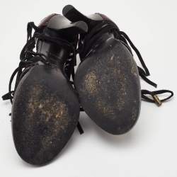 مملوكة مسبقًا Louis Vuitton Size 37.5 Brown/Black Leather and Suede Fringe Lace Up Peep Toe Sandals