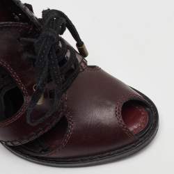 مملوكة مسبقًا Louis Vuitton Size 37.5 Brown/Black Leather and Suede Fringe Lace Up Peep Toe Sandals