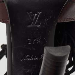 مملوكة مسبقًا Louis Vuitton Size 37.5 Brown/Black Leather and Suede Fringe Lace Up Peep Toe Sandals